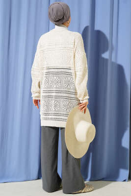 Ahşap Düğmeli Ajurlu Triko Hırka Ekru - Hırka