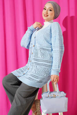 Ahşap Düğmeli Ajurlu Triko Hırka Mavi - RAFİMİX