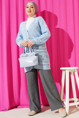 Ahşap Düğmeli Ajurlu Triko Hırka Mavi - Hırka