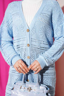 Ahşap Düğmeli Ajurlu Triko Hırka Mavi - Hırka