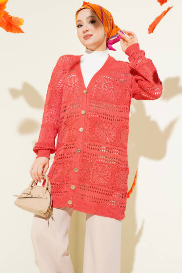 Ahşap Düğmeli Ajurlu Triko Hırka Mercan - Hırka