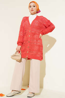 Ahşap Düğmeli Ajurlu Triko Hırka Mercan - Hırka