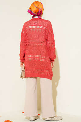 Ahşap Düğmeli Ajurlu Triko Hırka Mercan - Hırka