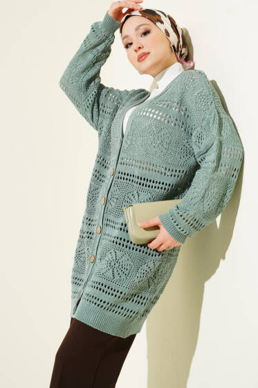 Ahşap Düğmeli Ajurlu Triko Hırka Mint - Hırka