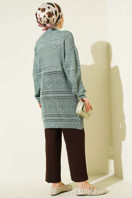 Ahşap Düğmeli Ajurlu Triko Hırka Mint - Hırka