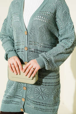 Ahşap Düğmeli Ajurlu Triko Hırka Mint - Hırka