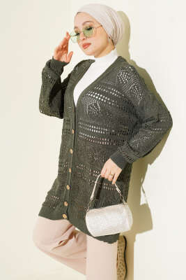 Ahşap Düğmeli Ajurlu Triko Hırka Nefti - RAFİMİX