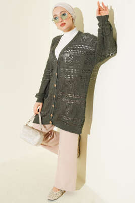 Ahşap Düğmeli Ajurlu Triko Hırka Nefti - Hırka