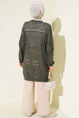 Ahşap Düğmeli Ajurlu Triko Hırka Nefti - Hırka