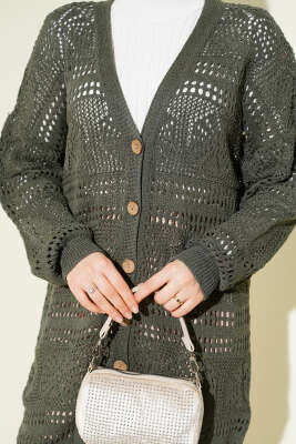 Ahşap Düğmeli Ajurlu Triko Hırka Nefti - Hırka