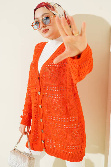 Ahşap Düğmeli Ajurlu Triko Hırka Oranj - Hırka