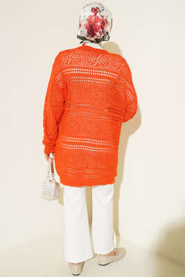 Ahşap Düğmeli Ajurlu Triko Hırka Oranj - Hırka