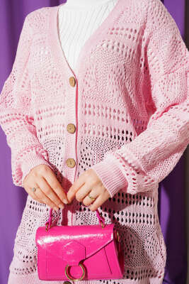 Ahşap Düğmeli Ajurlu Triko Hırka Pembe - 100-300 TL Ürünler