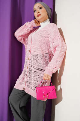 Ahşap Düğmeli Ajurlu Triko Hırka Pembe - RAFİMİX