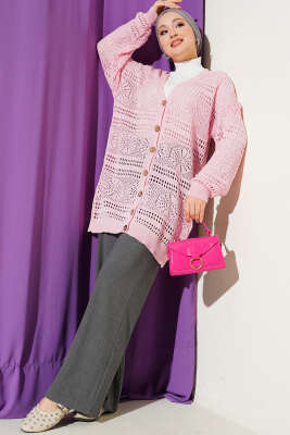 Ahşap Düğmeli Ajurlu Triko Hırka Pembe - Hırka