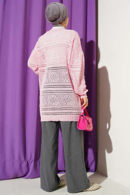 Ahşap Düğmeli Ajurlu Triko Hırka Pembe - Hırka