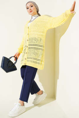 Ahşap Düğmeli Ajurlu Triko Hırka Sarı - Hırka
