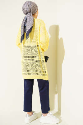 Ahşap Düğmeli Ajurlu Triko Hırka Sarı - Hırka