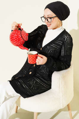 Ahşap Düğmeli Ajurlu Triko Hırka Siyah - RAFİMİX