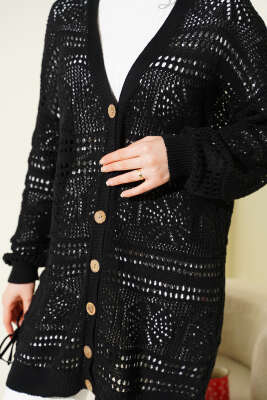 Ahşap Düğmeli Ajurlu Triko Hırka Siyah - Hırka