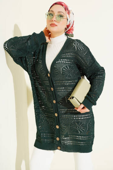 Ahşap Düğmeli Ajurlu Triko Hırka Zümrüt - Hırka