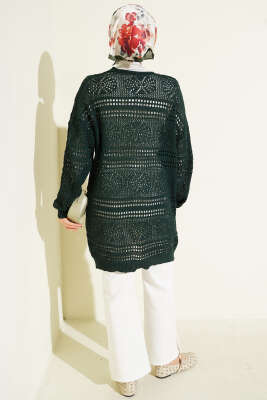 Ahşap Düğmeli Ajurlu Triko Hırka Zümrüt - Hırka