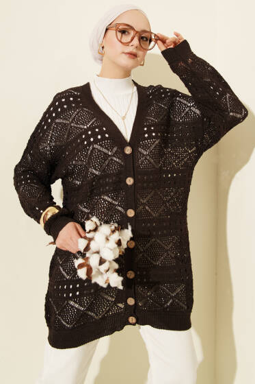 Ahşap Düğmeli Araboy Ajurlu Triko Hırka Acı Kahve - Hırka