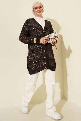 Ahşap Düğmeli Araboy Ajurlu Triko Hırka Acı Kahve - Hırka