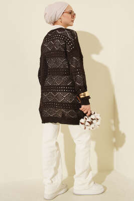 Ahşap Düğmeli Araboy Ajurlu Triko Hırka Acı Kahve - Hırka