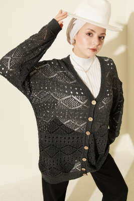 Ahşap Düğmeli Araboy Ajurlu Triko Hırka Antrasit 