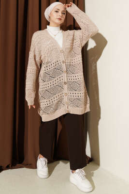 Ahşap Düğmeli Araboy Ajurlu Triko Hırka Bej - Hırka