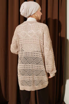 Ahşap Düğmeli Araboy Ajurlu Triko Hırka Bej - Hırka