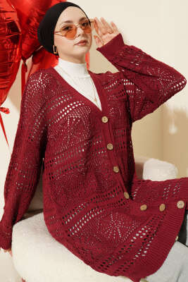 Ahşap Düğmeli Araboy Ajurlu Triko Hırka Bordo - RAFİMİX