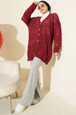 Ahşap Düğmeli Araboy Ajurlu Triko Hırka Bordo - Hırka