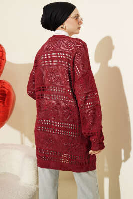 Ahşap Düğmeli Araboy Ajurlu Triko Hırka Bordo - Hırka