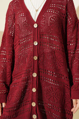 Ahşap Düğmeli Araboy Ajurlu Triko Hırka Bordo - Hırka