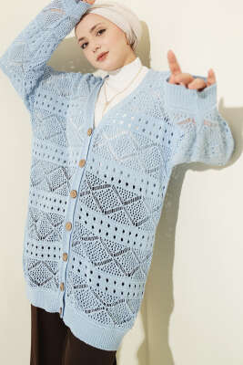 Ahşap Düğmeli Araboy Ajurlu Triko Hırka Mavi - RAFİMİX