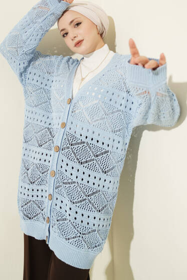 Ahşap Düğmeli Araboy Ajurlu Triko Hırka Mavi - Hırka