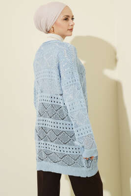 Ahşap Düğmeli Araboy Ajurlu Triko Hırka Mavi - Hırka