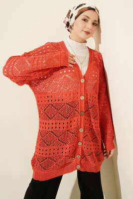 Ahşap Düğmeli Araboy Ajurlu Triko Hırka Mercan - RAFİMİX