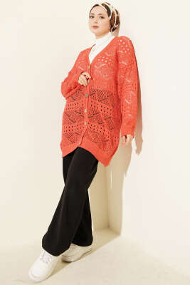 Ahşap Düğmeli Araboy Ajurlu Triko Hırka Mercan - Hırka