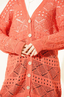 Ahşap Düğmeli Araboy Ajurlu Triko Hırka Mercan - Hırka