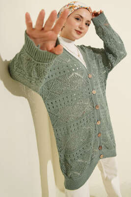 Ahşap Düğmeli Araboy Ajurlu Triko Hırka Mint - RAFİMİX