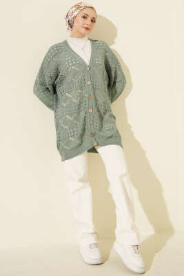 Ahşap Düğmeli Araboy Ajurlu Triko Hırka Mint - Hırka