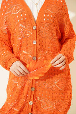 Ahşap Düğmeli Araboy Ajurlu Triko Hırka Oranj - 100-300 TL Ürünler