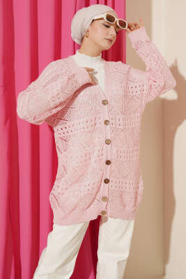 Ahşap Düğmeli Araboy Ajurlu Triko Hırka Pembe - RAFİMİX