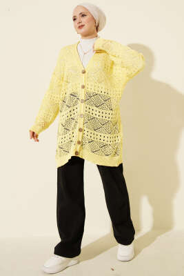 Ahşap Düğmeli Araboy Ajurlu Triko Hırka Sarı - Hırka