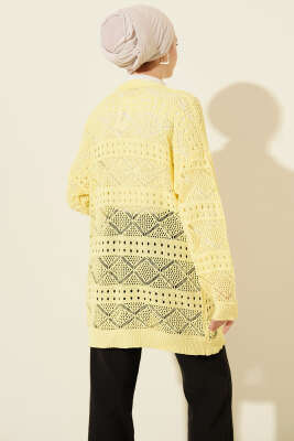 Ahşap Düğmeli Araboy Ajurlu Triko Hırka Sarı - Hırka