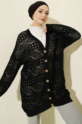 Ahşap Düğmeli Araboy Ajurlu Triko Hırka Siyah - RAFİMİX