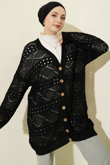 Ahşap Düğmeli Araboy Ajurlu Triko Hırka Siyah - Hırka